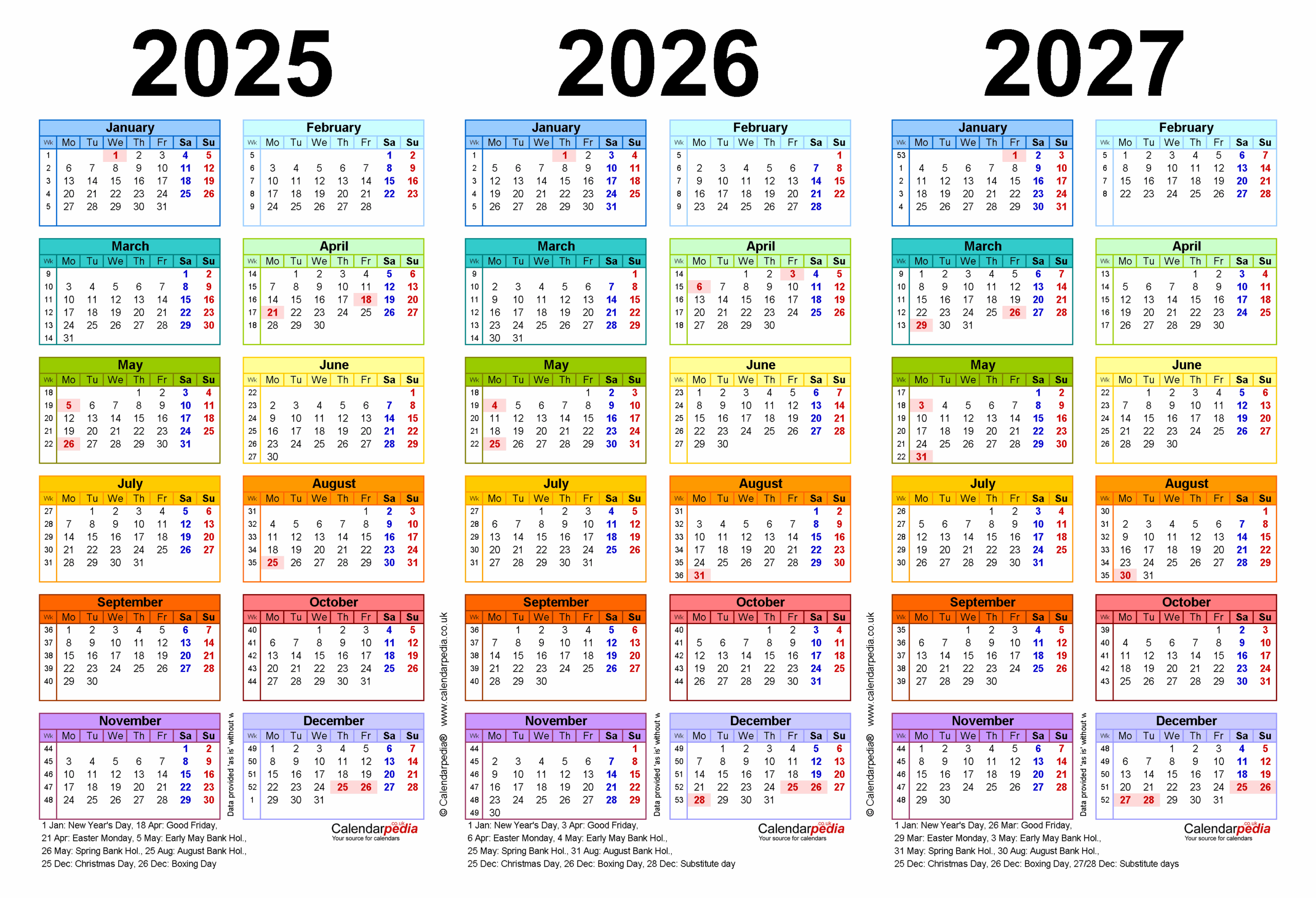 Three Year Calendars For 2025 2026 And 2027 UK For PDF