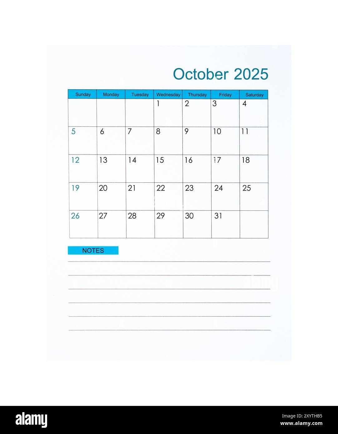 Vertical Of October 2025 Calendar Page For 2025 Year Isolated On 