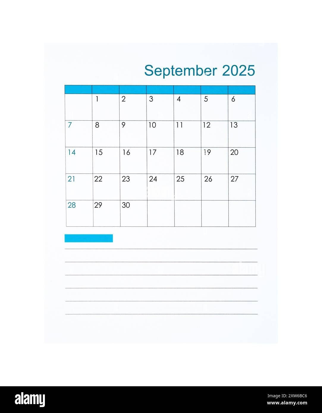 Vertical Of September 2025 Calendar Page For 2025 Year Isolated On 