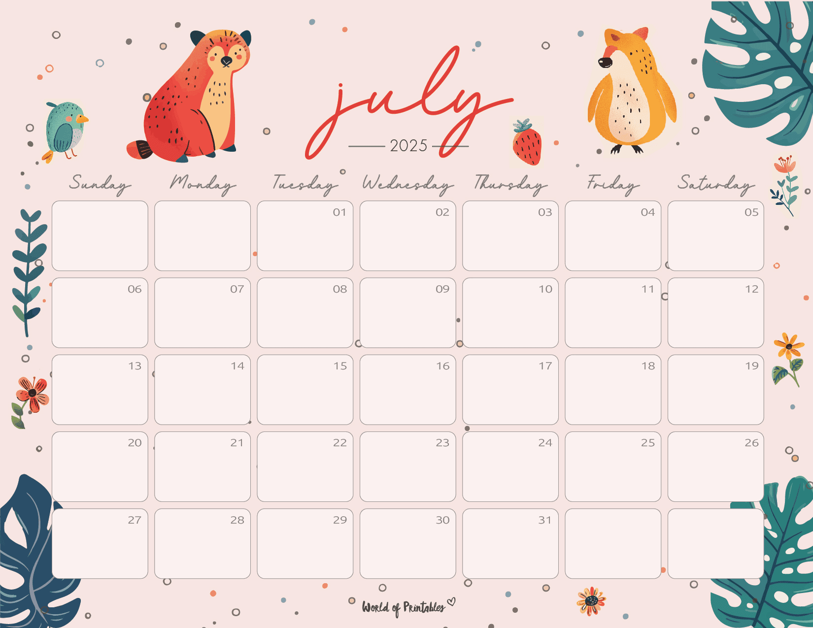 Whimsical July 2025 Calendar With Cute Animal Design Free Printable