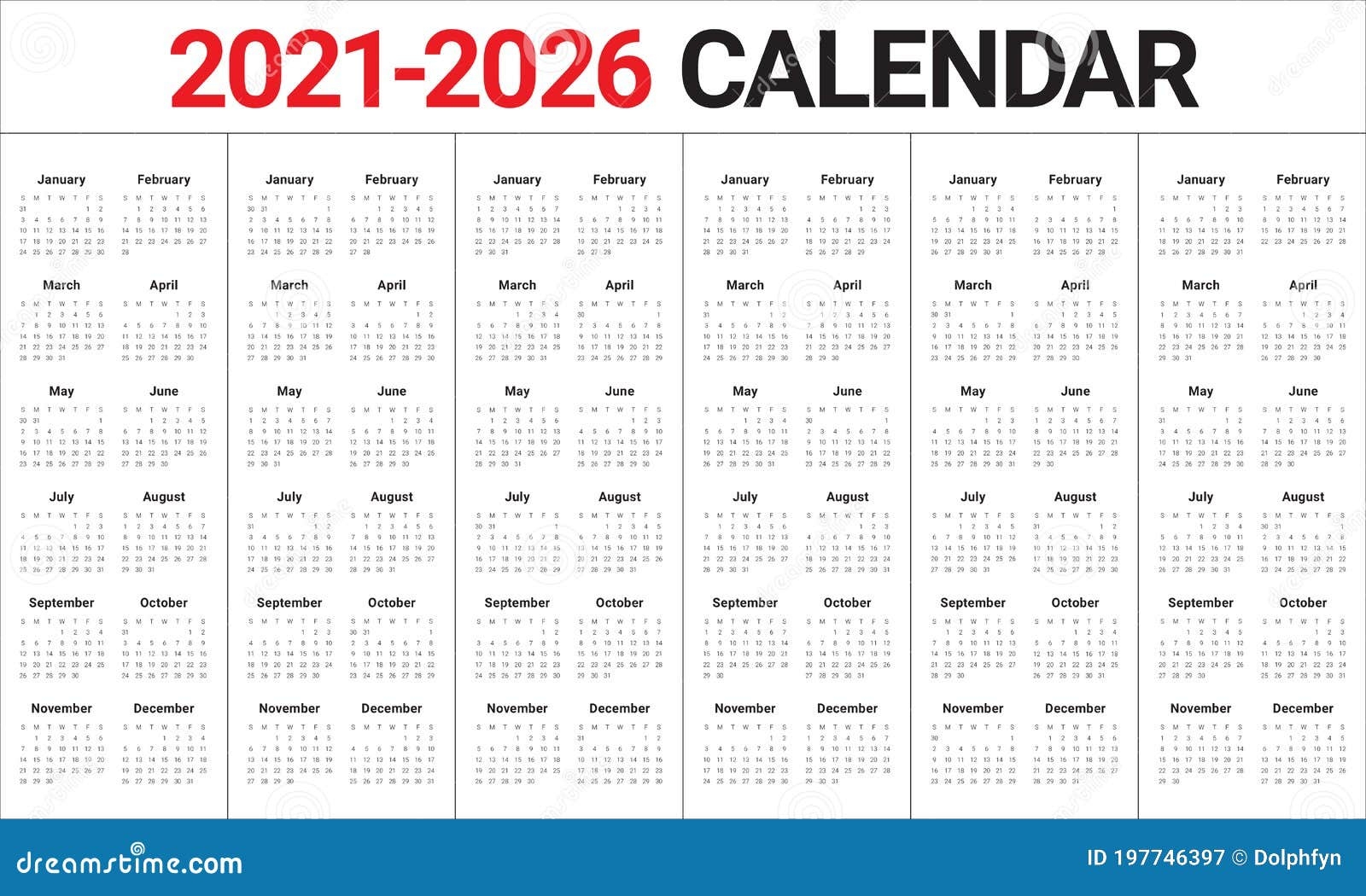 Year 2021 2022 2023 2024 2025 2026 Calendar Vector Design Template 