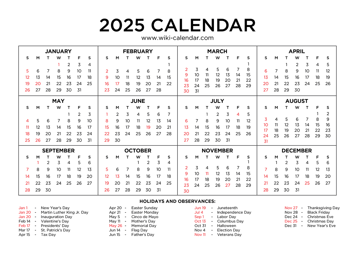 Year 2025 Calendar Printable With Holidays Wiki Calendar
