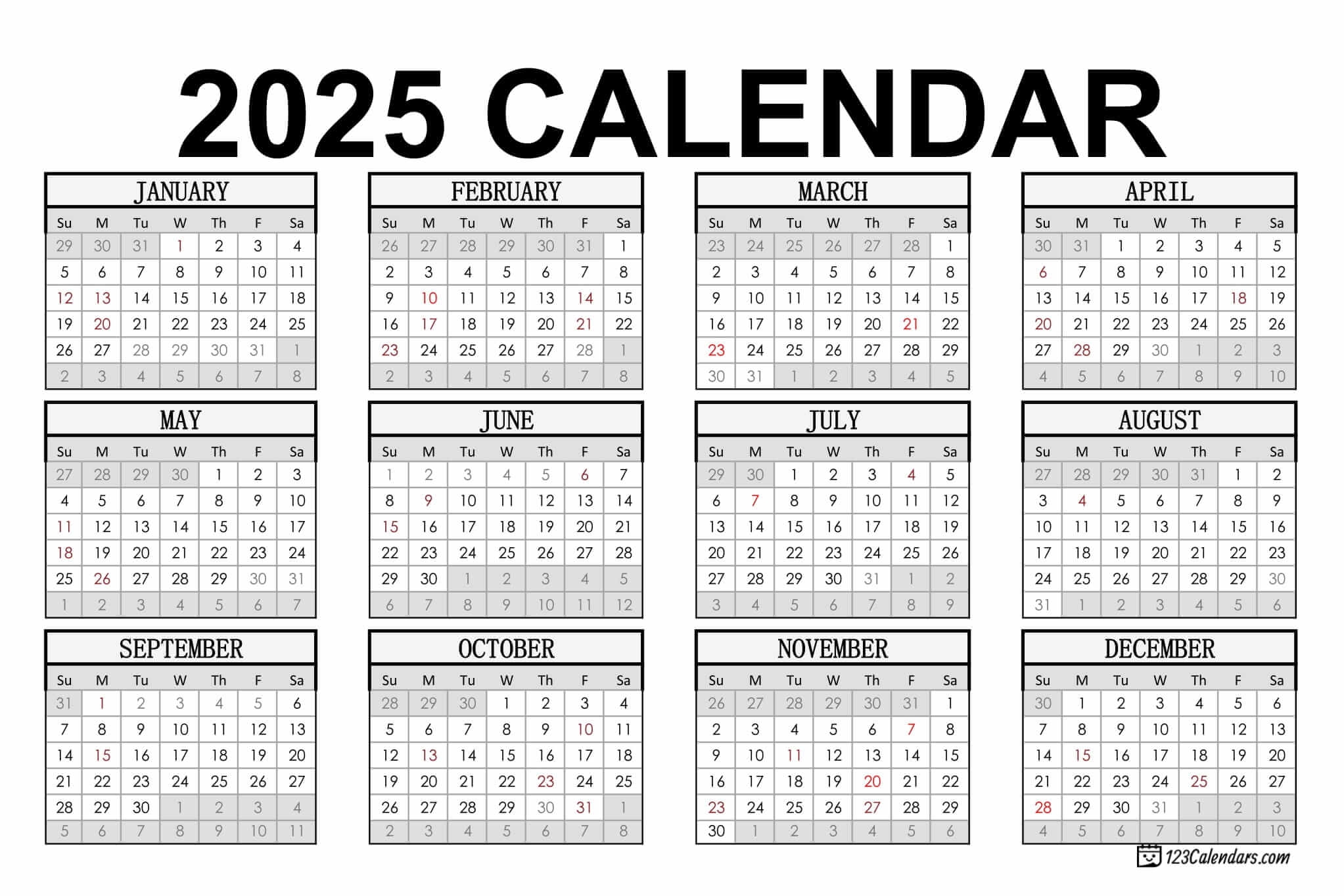 Year 2025 Calendar Templates 123Calendars