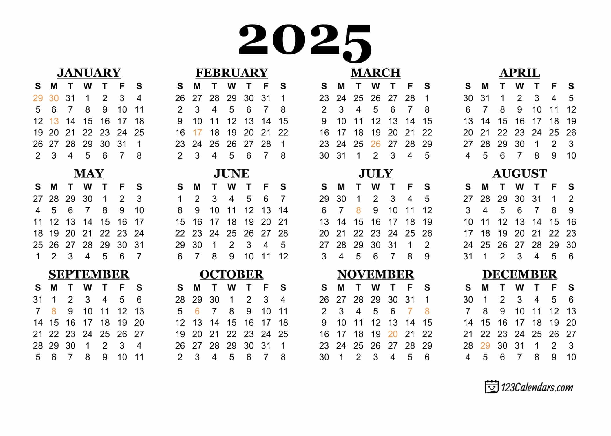 Year 2025 Calendar Templates 123Calendars