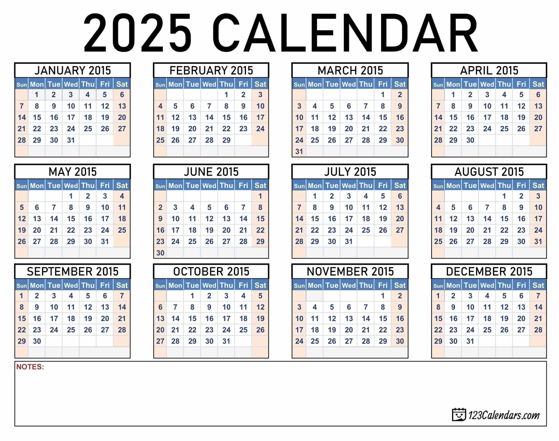 Year 2025 Calendar Templates 123Calendars
