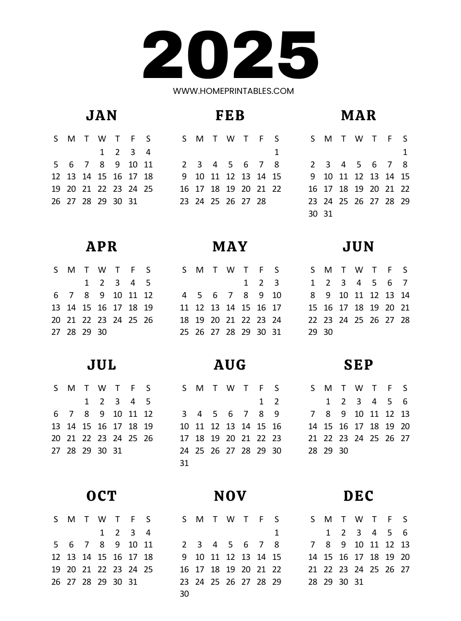 Free Printable 2025 Calendar Year At A Glance