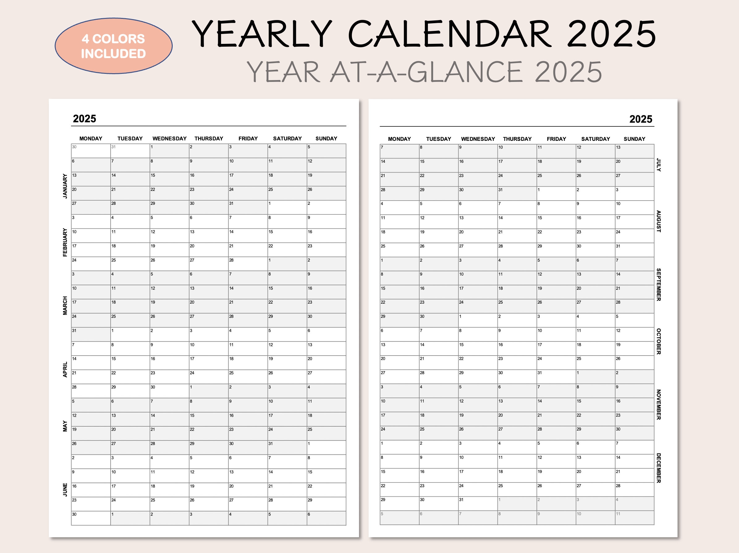 Yearly Calendar 2025 Printable Calendar 2025 Year At A Glance 2025 Yearly Overview 2025 4 Colors MONDAY START Etsy Ireland