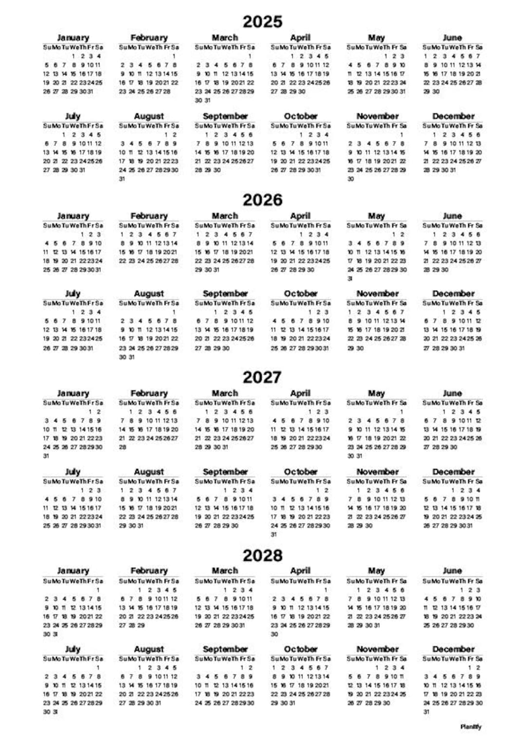 Yearly Calendar For Printing From 2025 To 2028 4 Years Sunday And Monday Start Letter And A4 Size PDF Etsy
