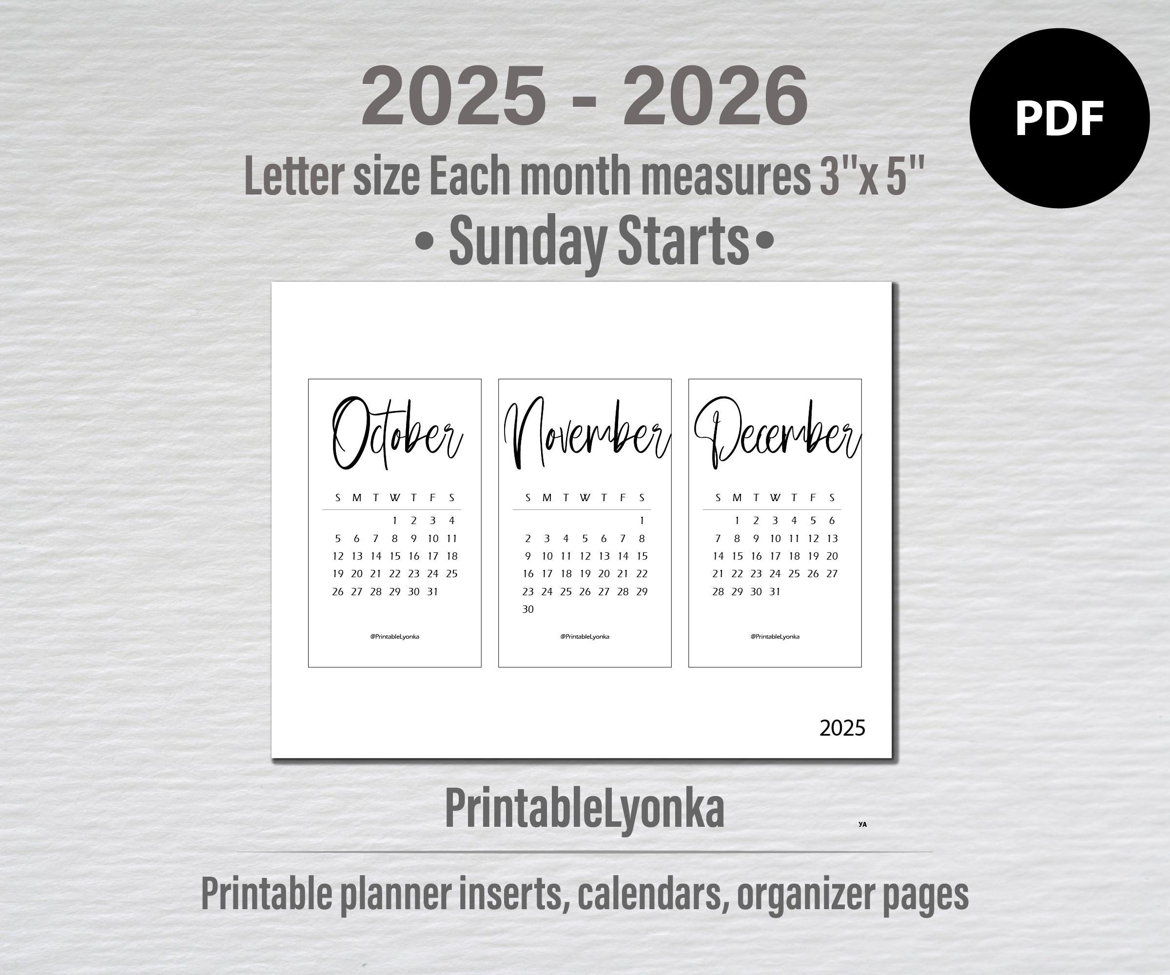 2025 2026 Mini Calendar Card Size 3 X 5 Printable Small Monthly Calendar 2025 2026 Etsy