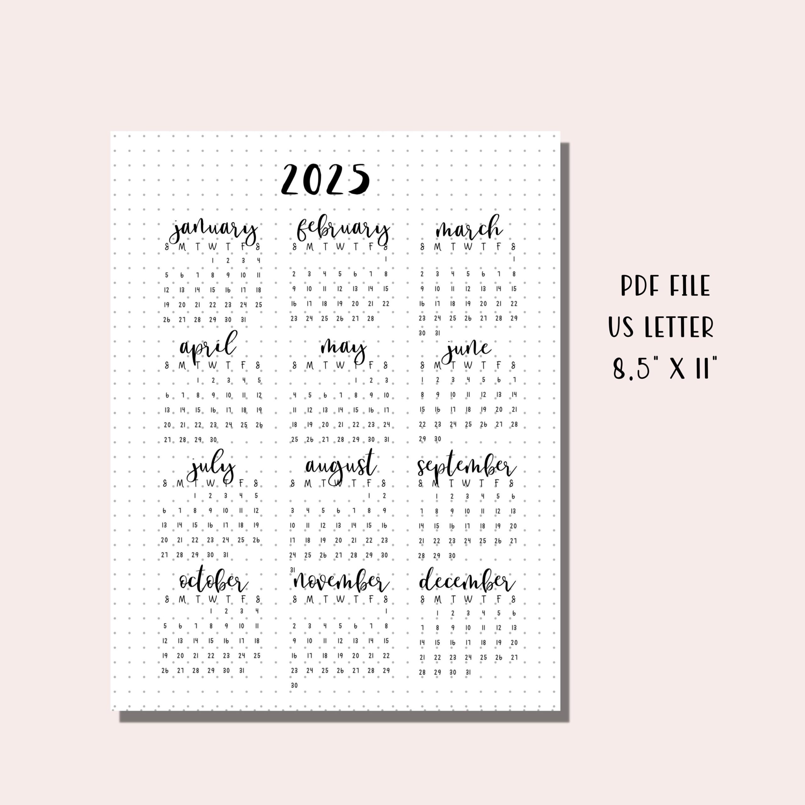 2025 Calendar Printable Planner 2025 Dotted Bullet Journal Page Monday Sunday Start A5 Journal Insert Minimalist PDF Download Etsy
