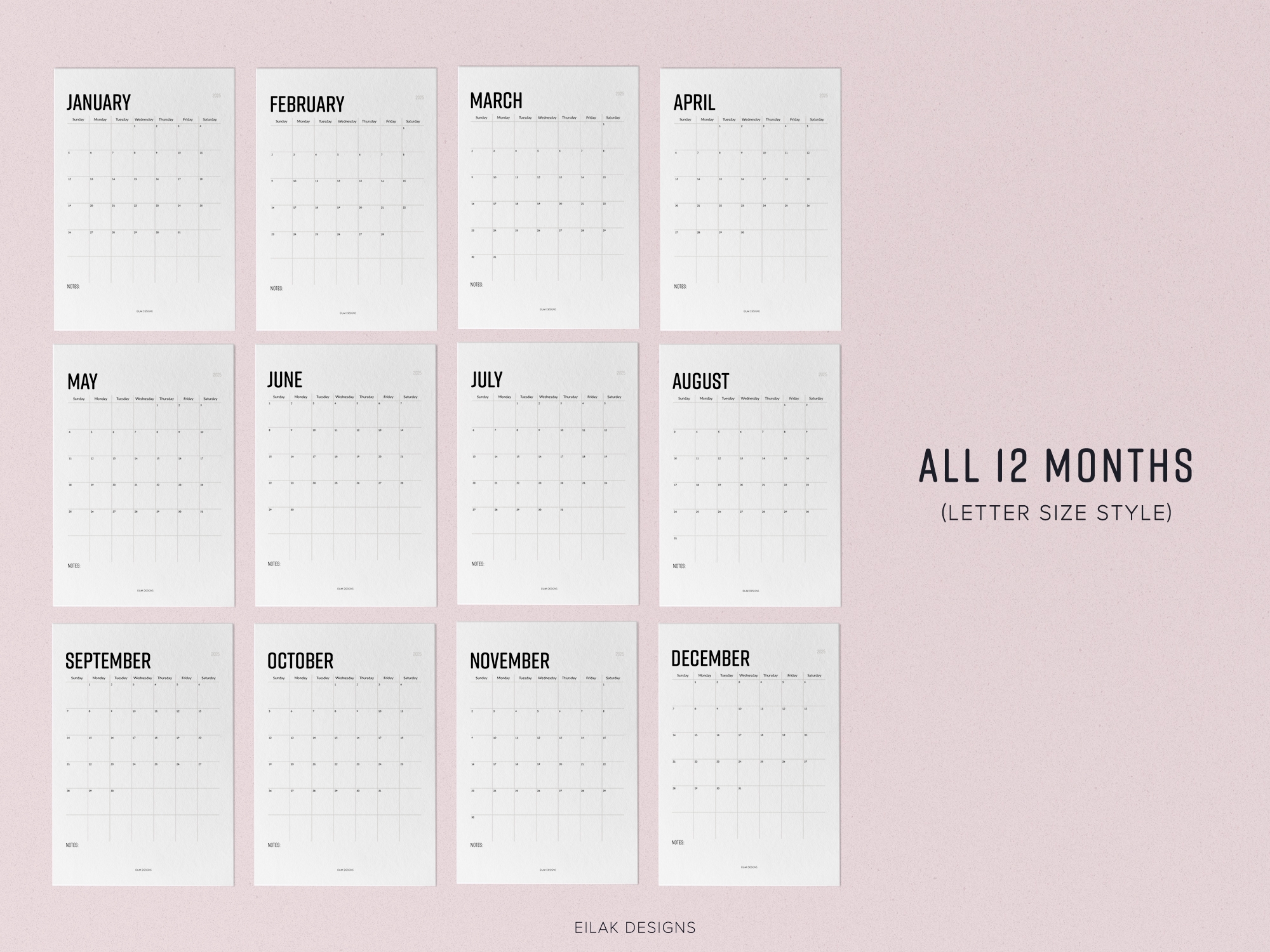2025 Monthly Calendar Minimalistic Digital Download