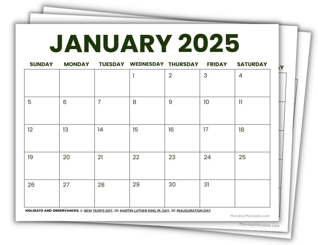 Free Printable 2025 Monthly Calendar No Download