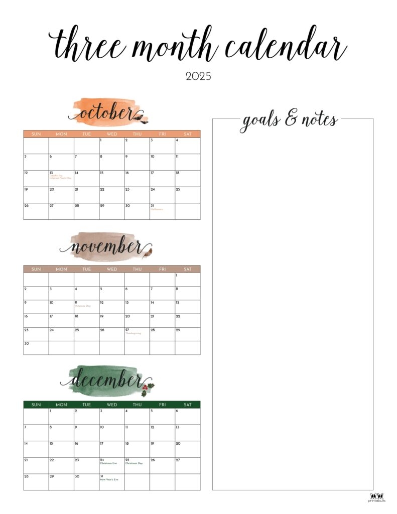 2025 Three Month Quarterly Calendars 36 FREE Cals Printabulls