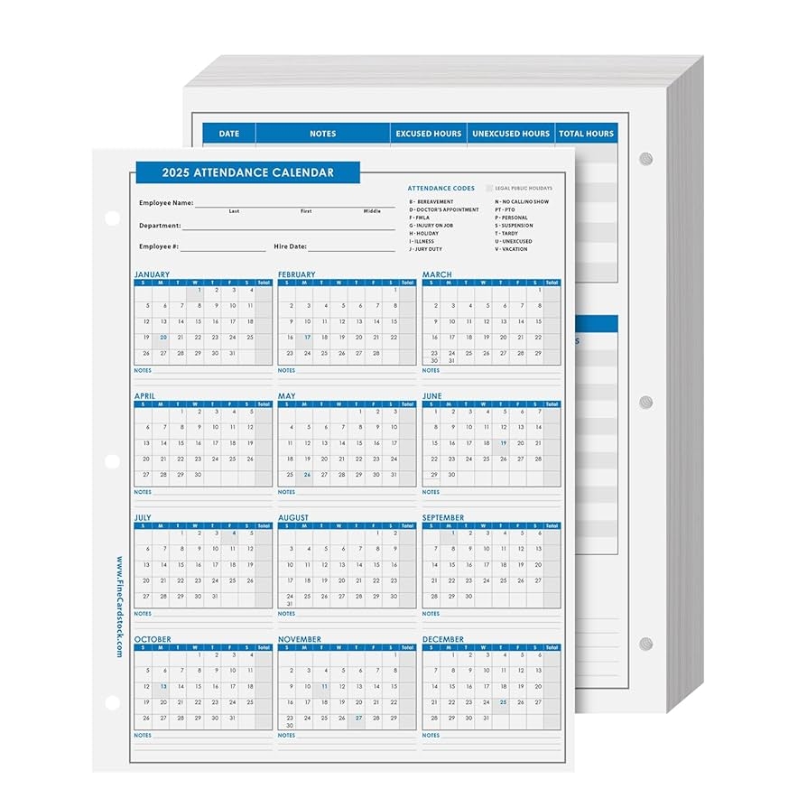 Amazon 2025 Attendance Calendar Card Stock Paper Great Employee Work Tracker Printed On Durable And Thick 80lb 216gsm Cardstock 8 X 11 25 Sheets Per Pack Office Products