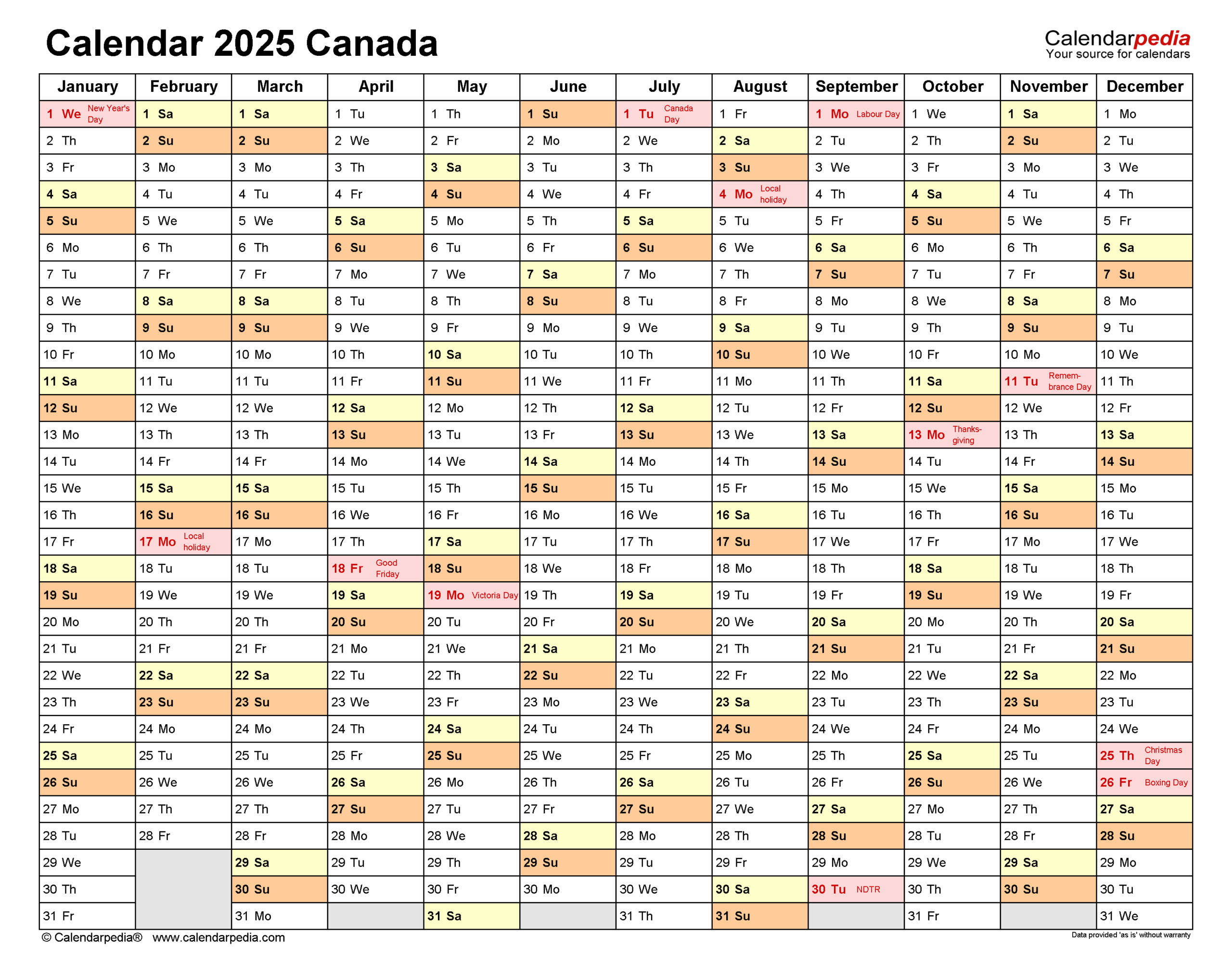 Free Printable Calendar 2025 Canada Monthly