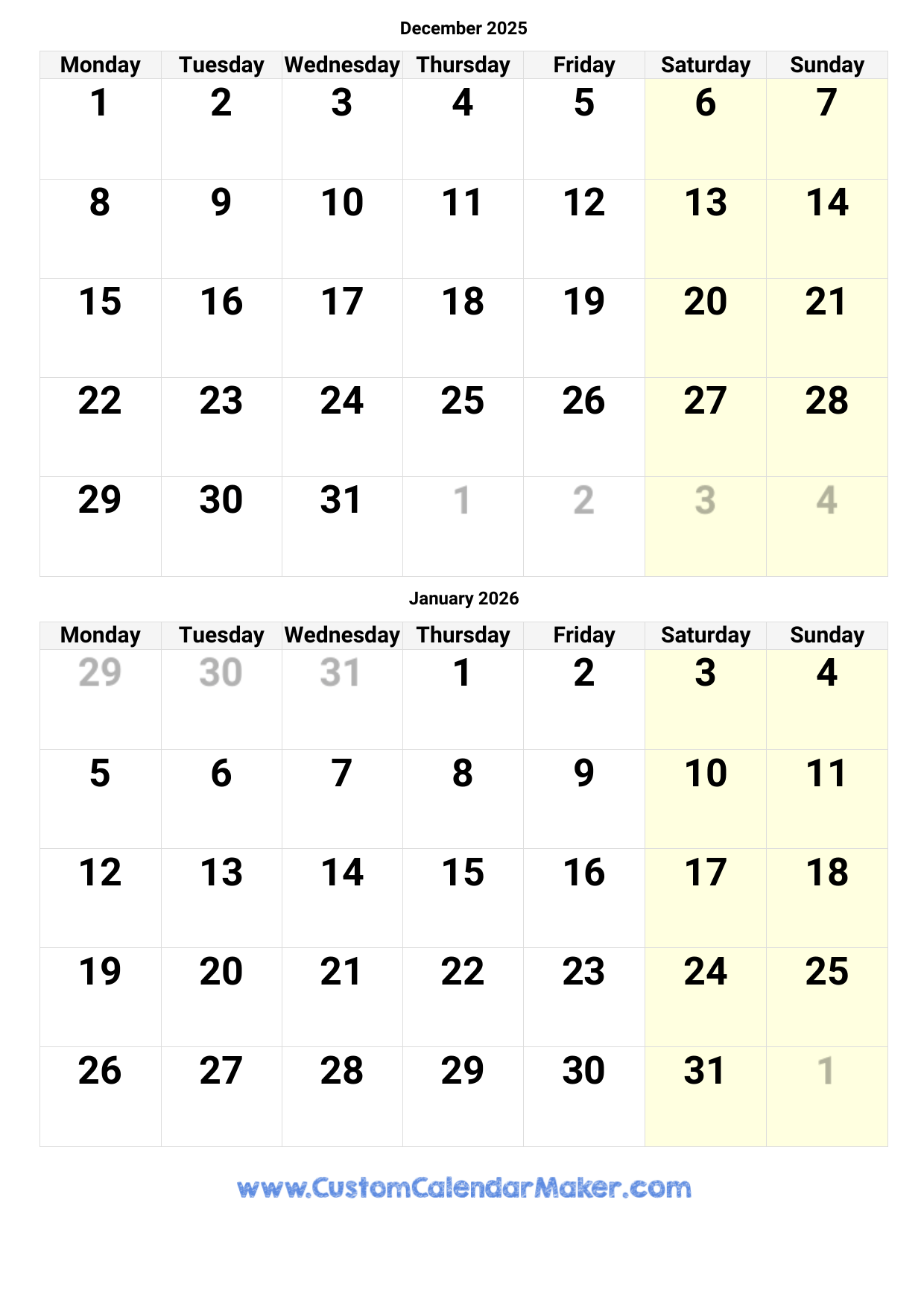 December 2025 And January 2026 Calendar Custom Calendar Maker