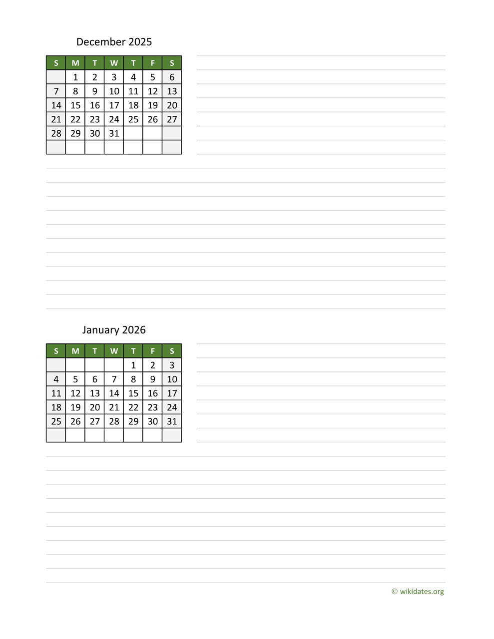 Calendar For December 2025 And January 2026 Printable