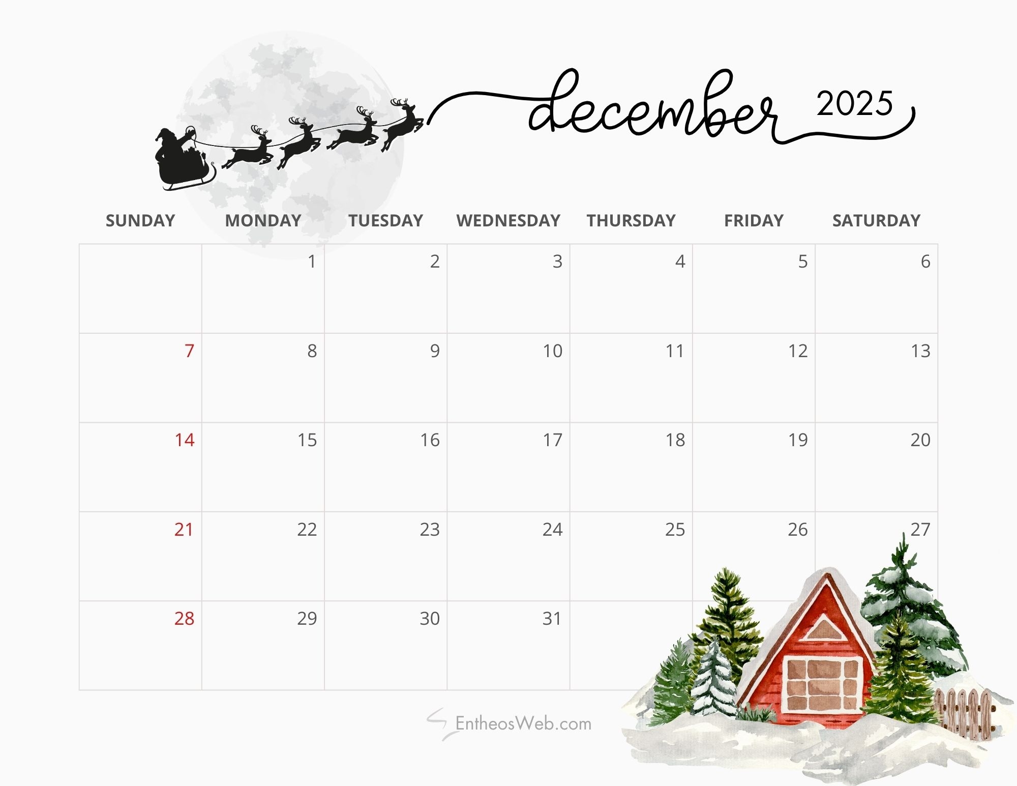 Printable Christmas December 2025 Calendar