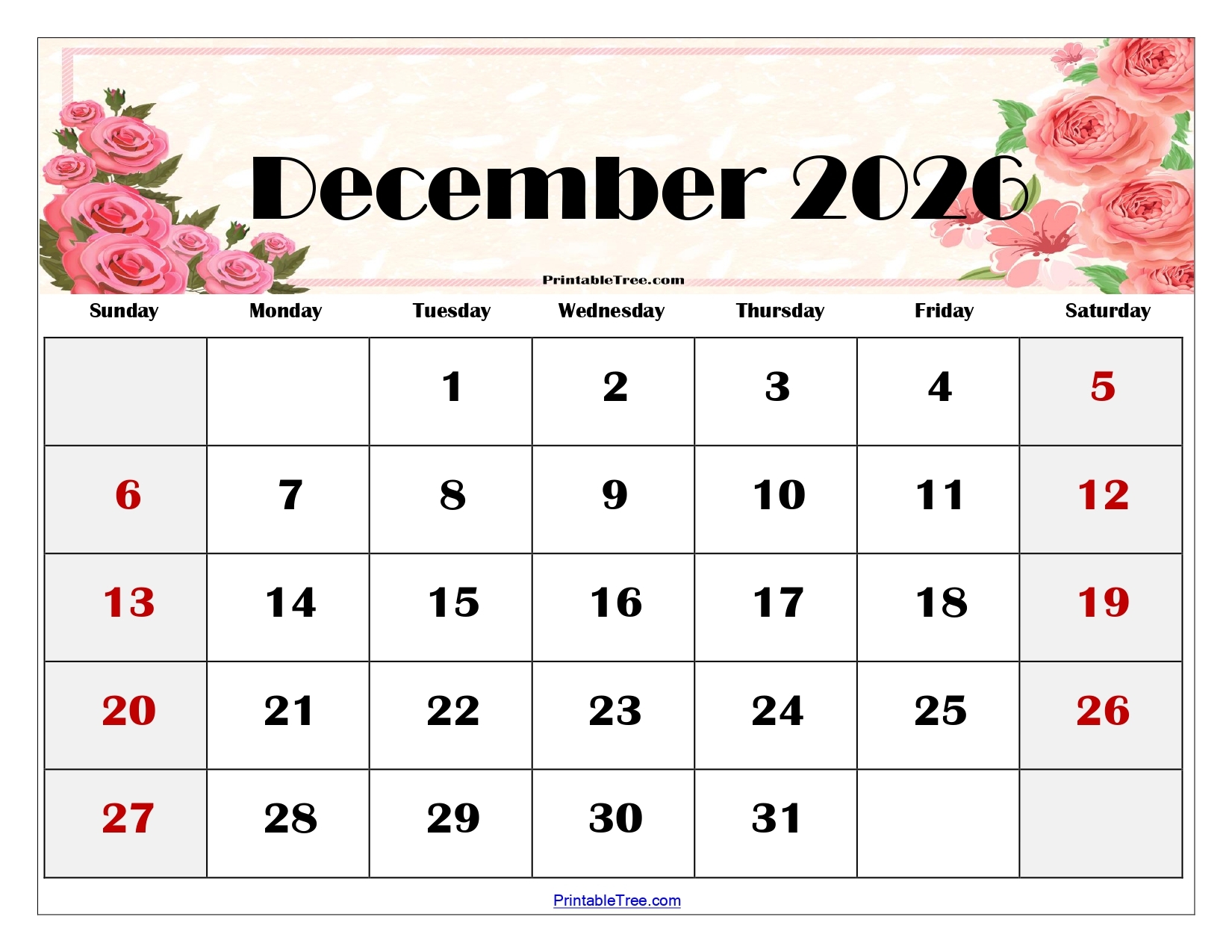 2026 March December Calendar Printable