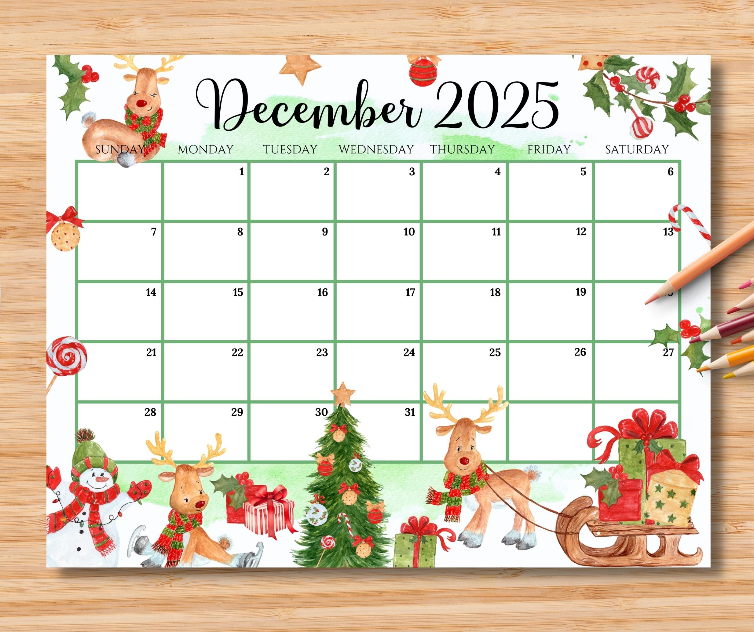 EDITABLE December 2025 Calendar Colorful Christmas With Cute Reindeers Printable Monthly Planner For Kids School Home Office Work Etsy