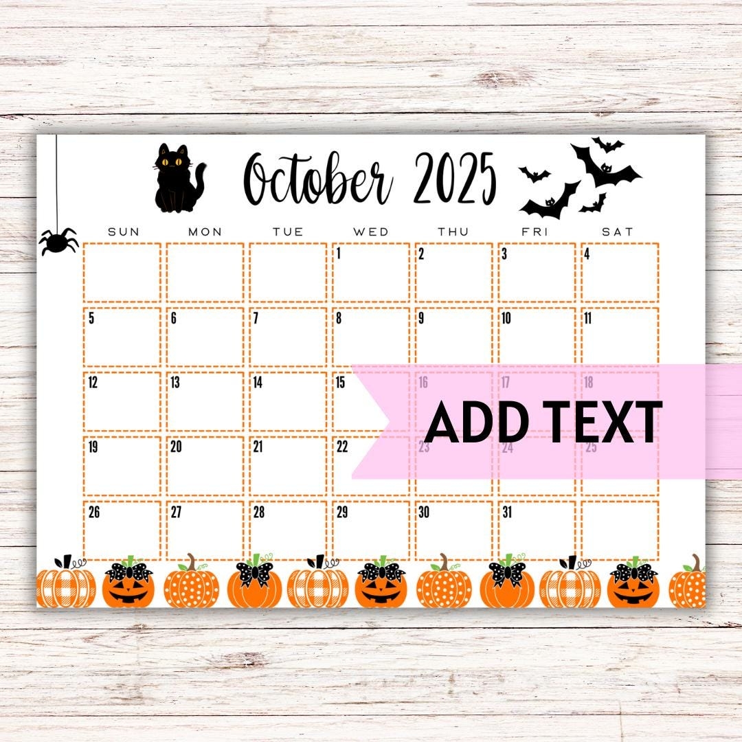 EDITABLE Printable October Calendar 2025 Halloween Calendar Cute And Fun Halloween Calendar Printable Wall Calendar 2025 Etsy Israel