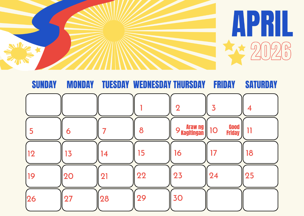 Free April 2026 Philippines Calendar Template To Edit Online