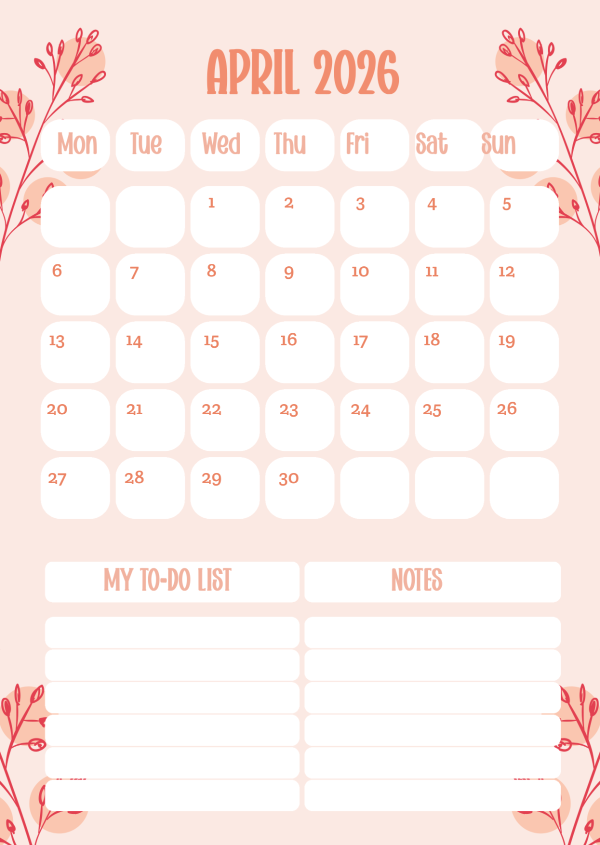 Free Personal April 2026 Calendar Template To Edit Online