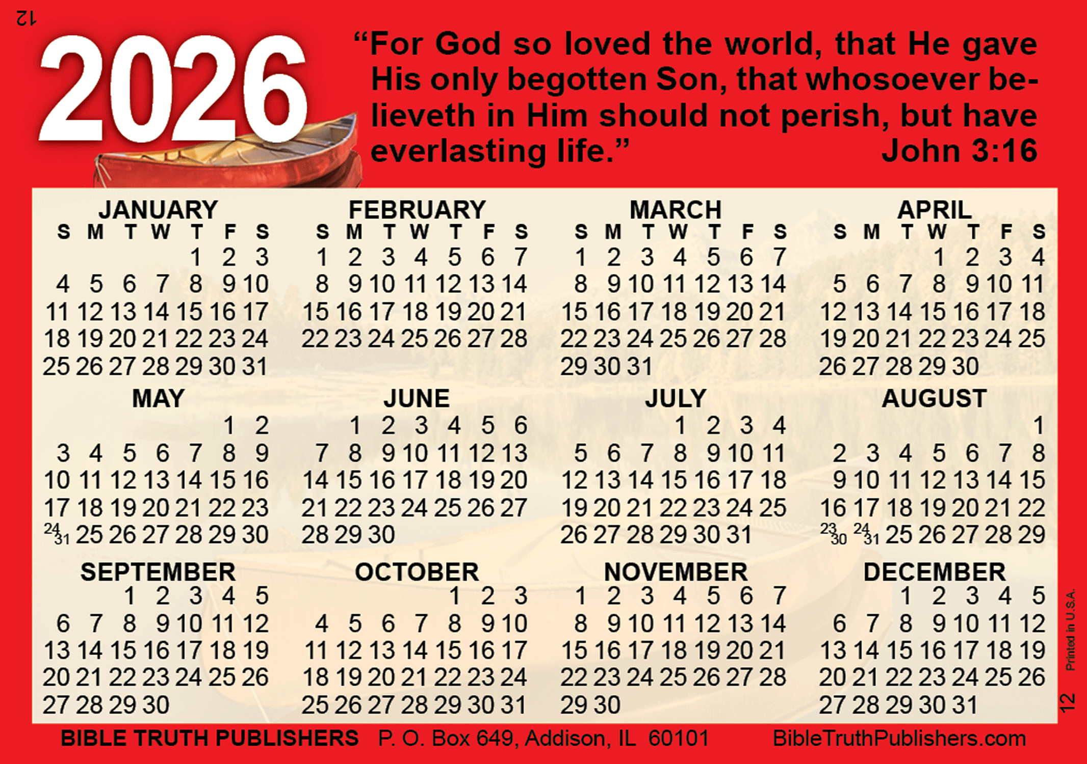Gospel Wallet Calendar Laminated Full Color Pocket Card 2590 Bible Truth Publishers