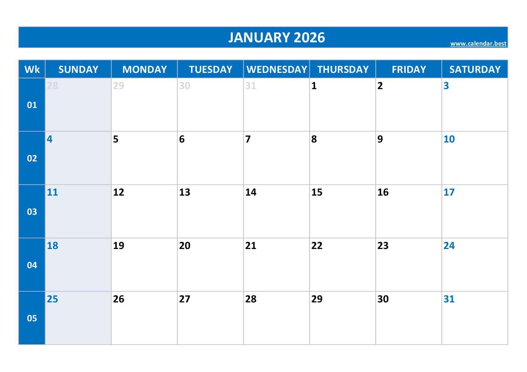 Calendar January 2026 Printable Free