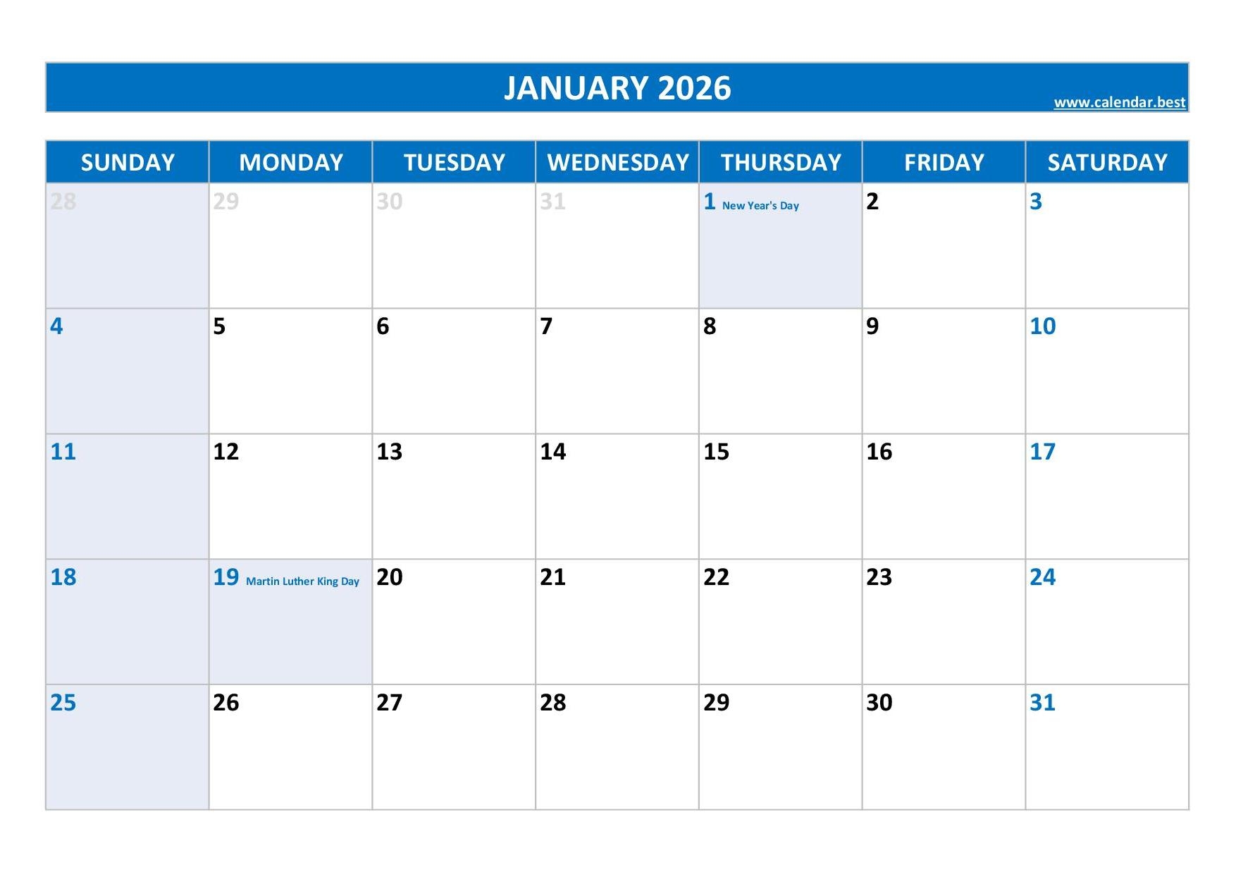 Free Printable January 2026 Calendar With Holidays