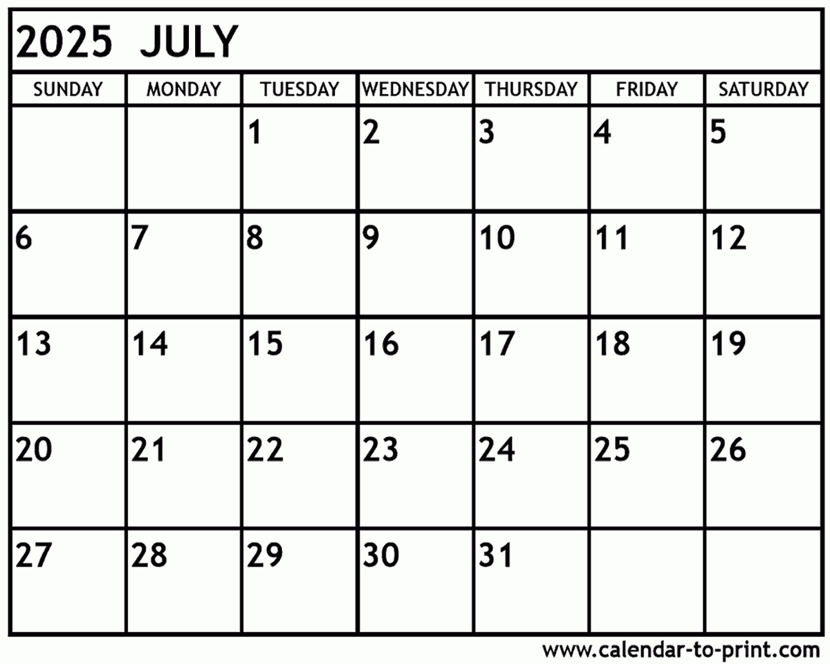 Free July 2025 Calendar Printable