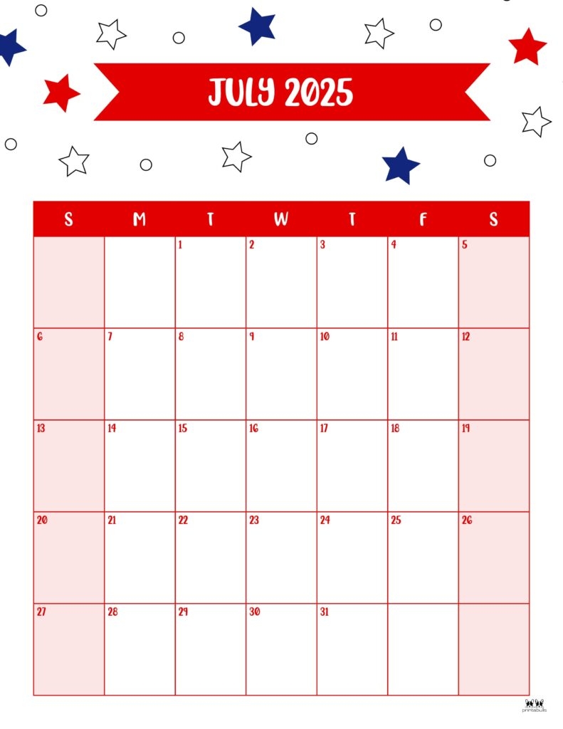 Free Printable Blank July Calendar 2025