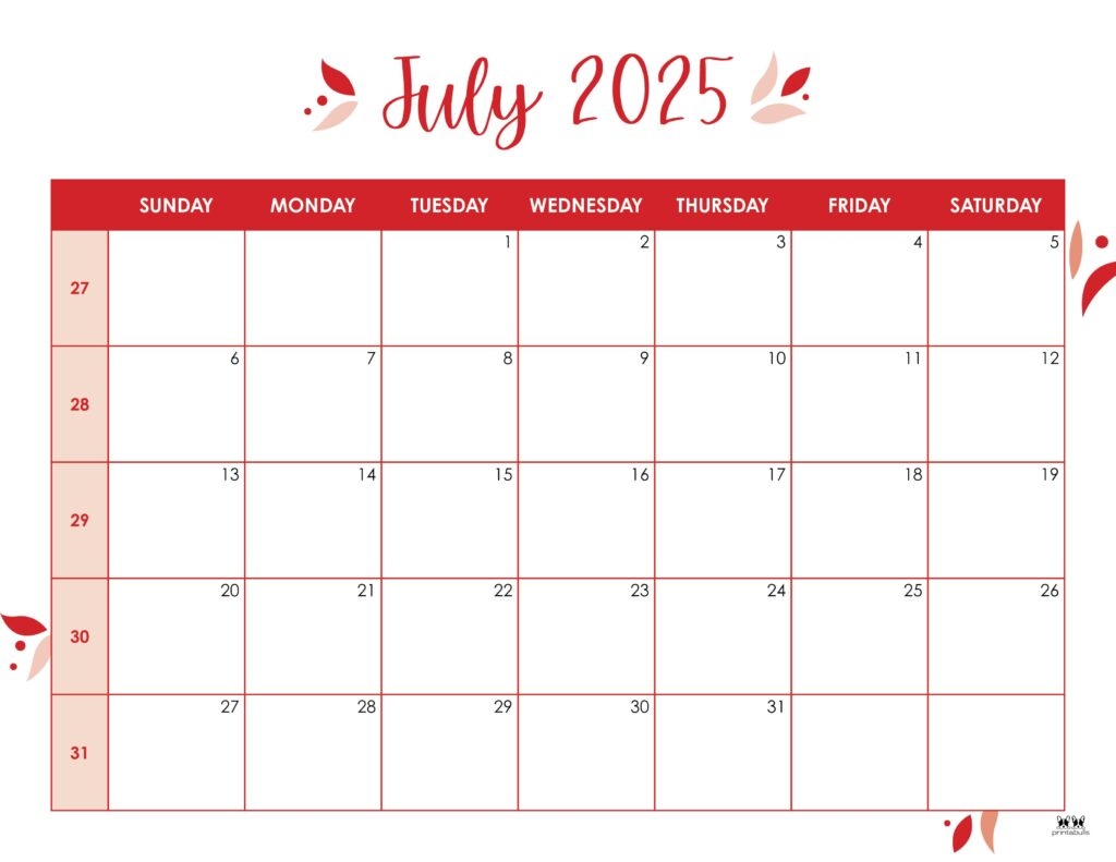 Calendar Print July 2025