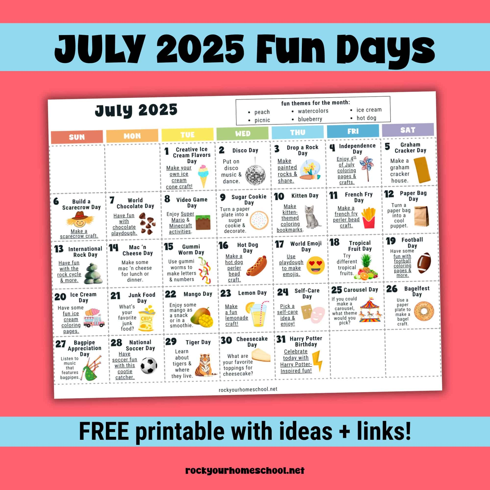 July 2025 Fun Days Calendar color Rock Your Homeschool