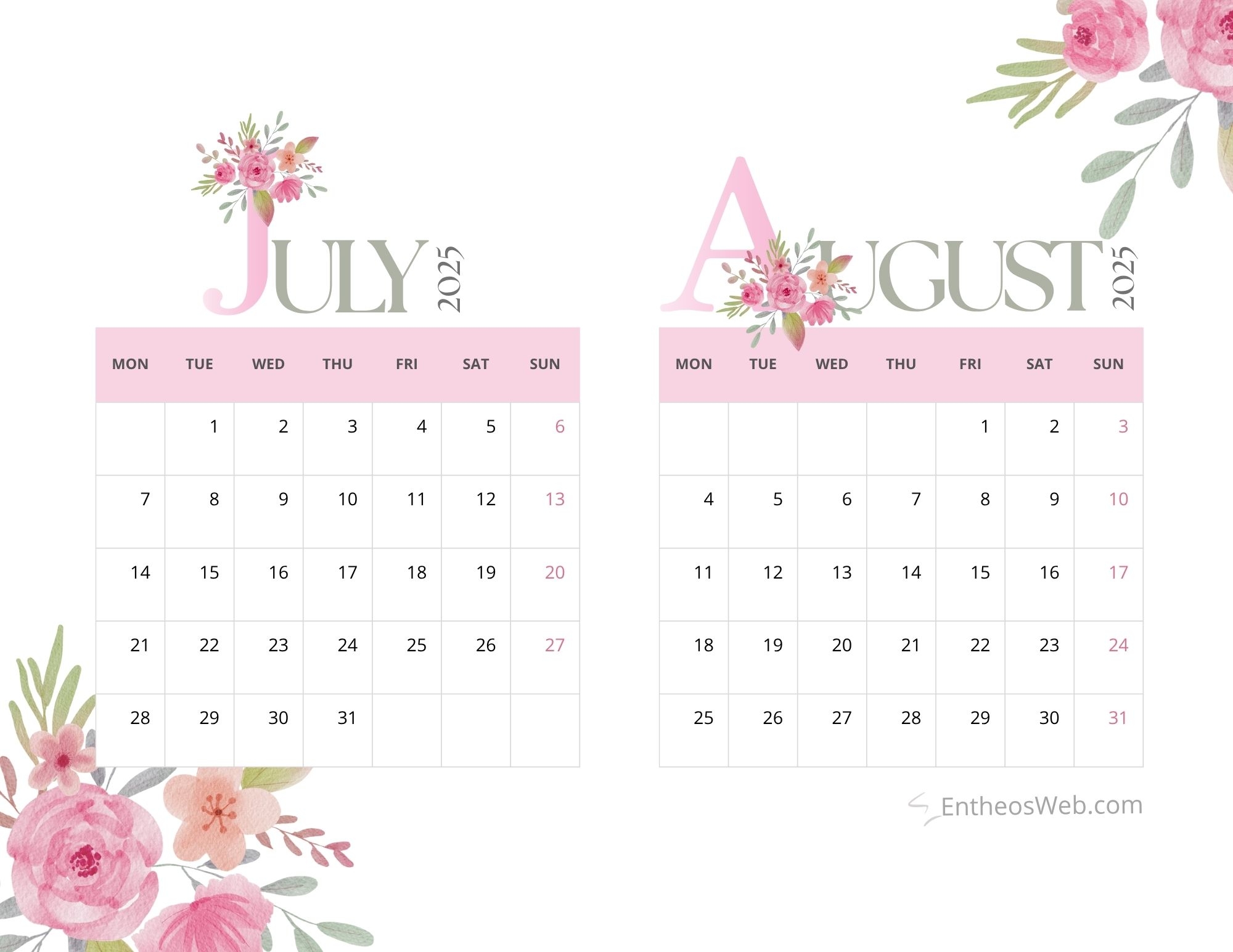 Printable Monthly Calendar July And August 2025 2