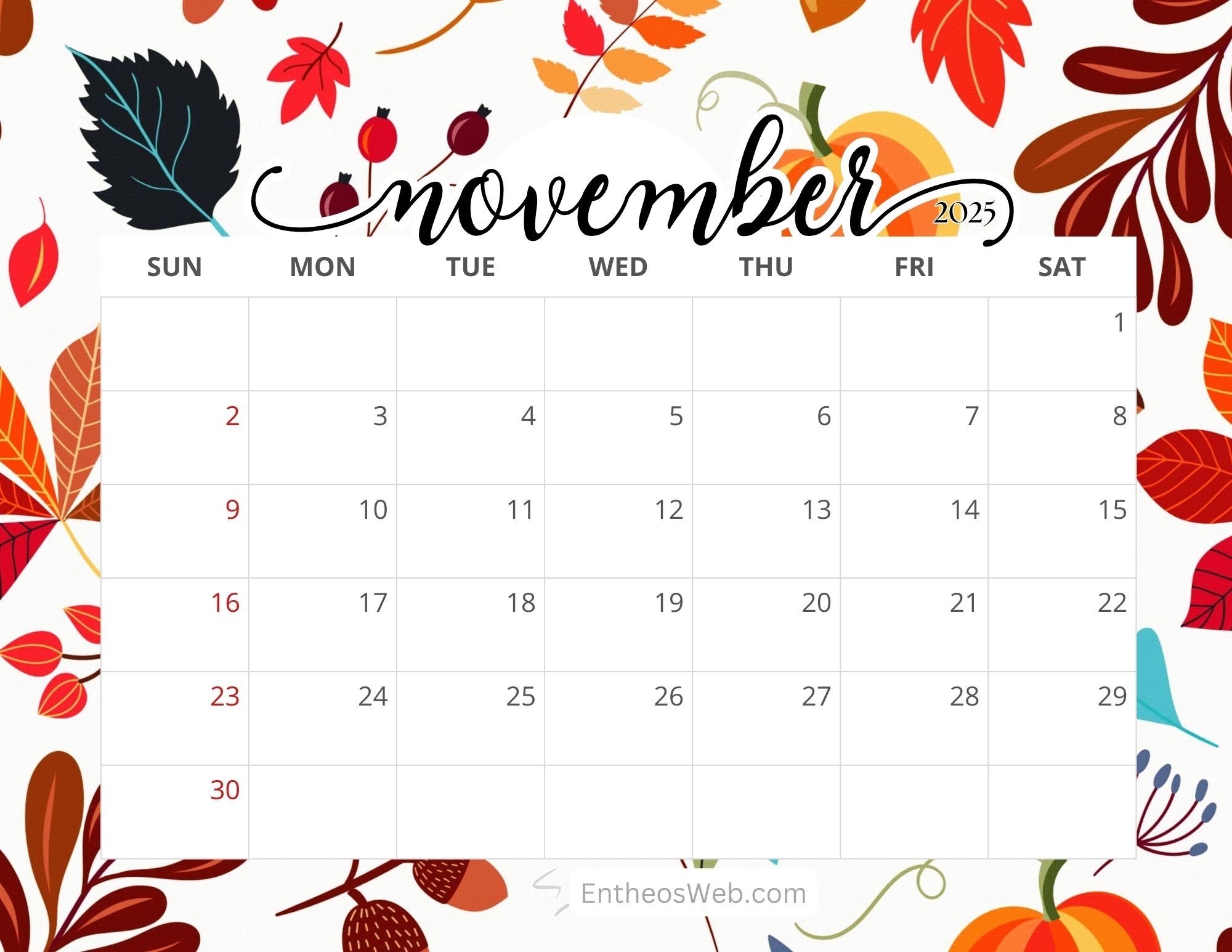 Free Printable 2025 November Calendar Template