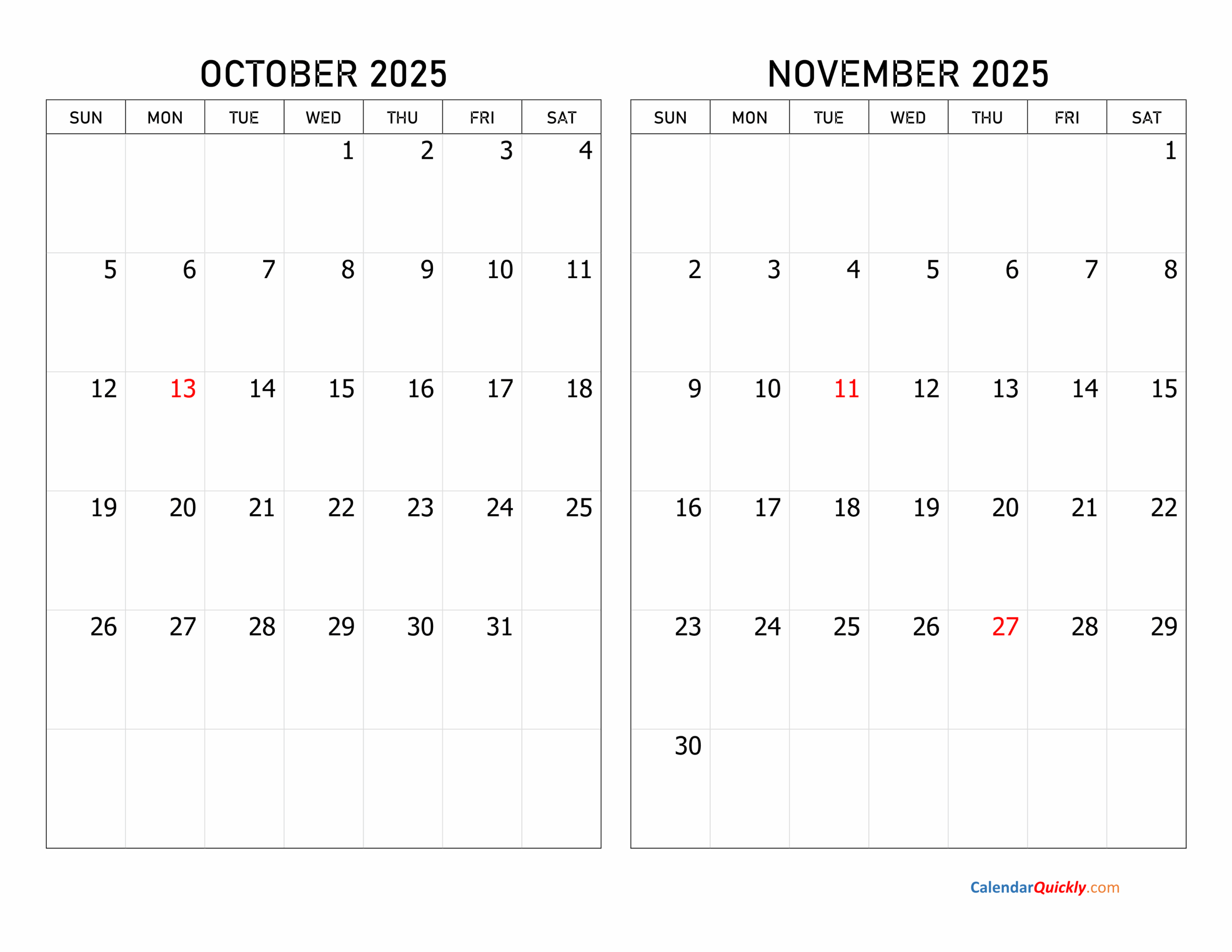 October November 2025 Printable Calendar