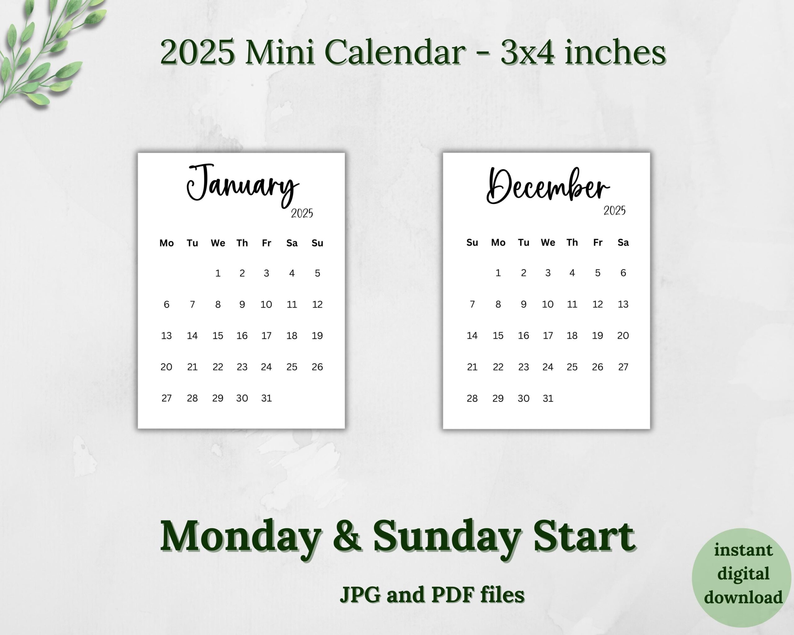 Printable 2025 Mini Calendar 3x4 Minimalist Calendar Planner Calendar Cards Desk Calendar Black And White Digital Calendar Sunday Monday Etsy