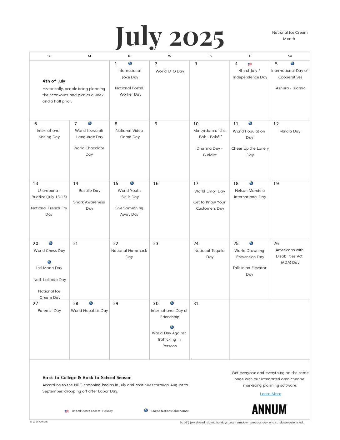 Printable July 2024 Calendar July Holidays Annum