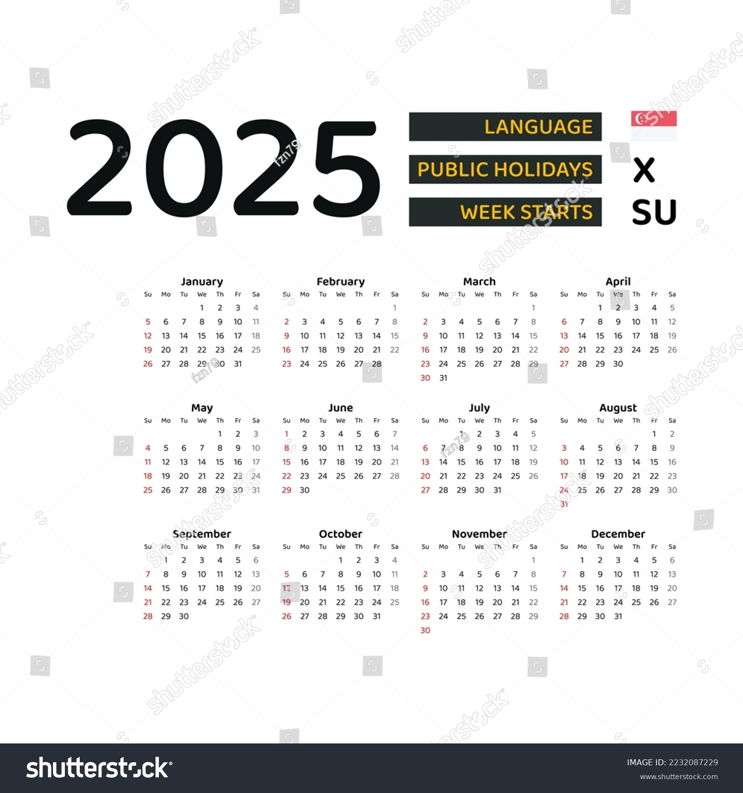 Singapore Calendar 2025 Week Starts Sunday Stock Vector Royalty Free 2232087229 Shutterstock