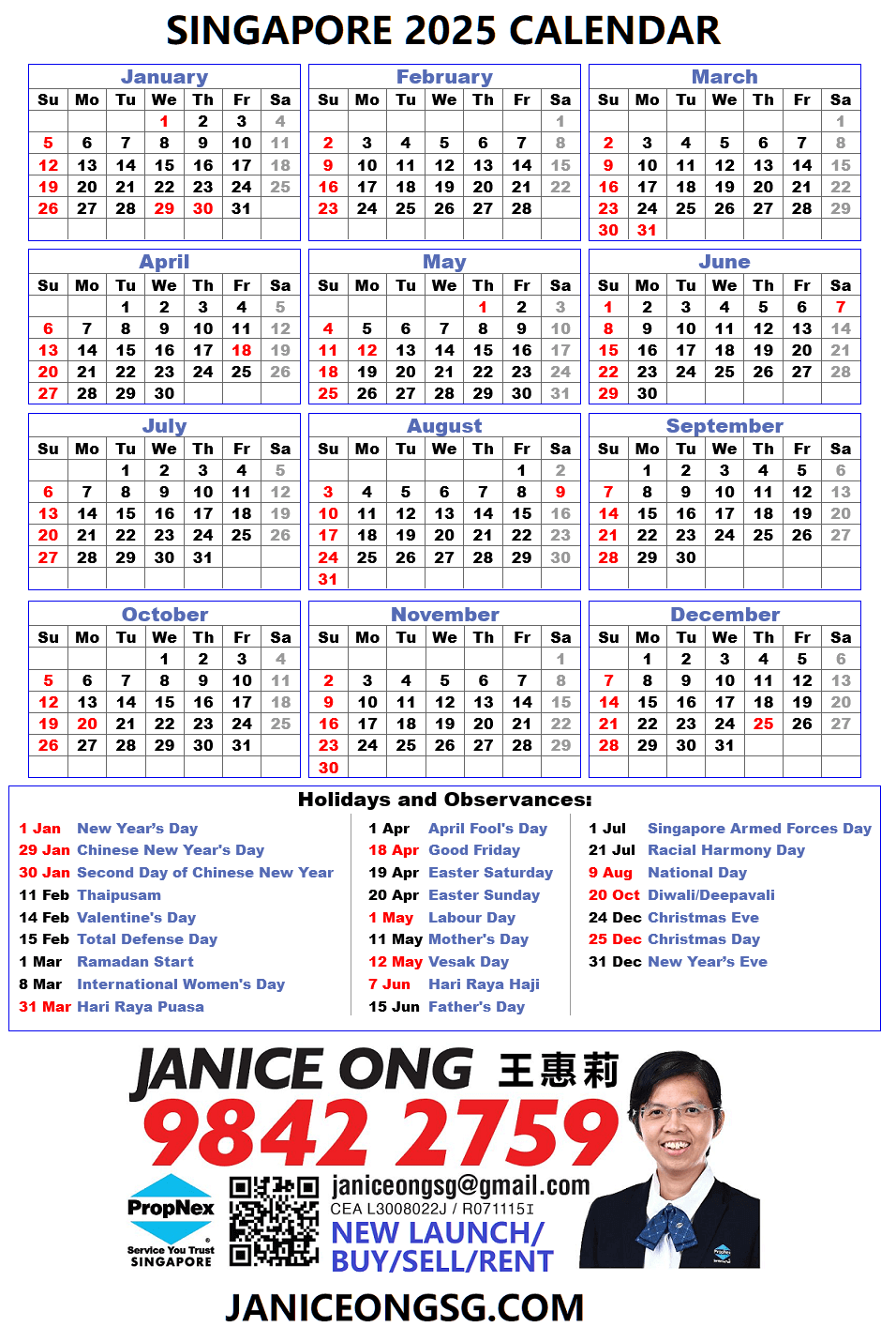 Singapore Calendar 2025 With Public Holidays Free Download